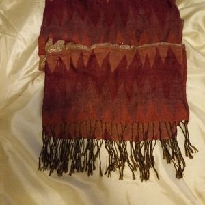 Women's s scarf. Two shades of  pink, purple, black and gold with fridges.